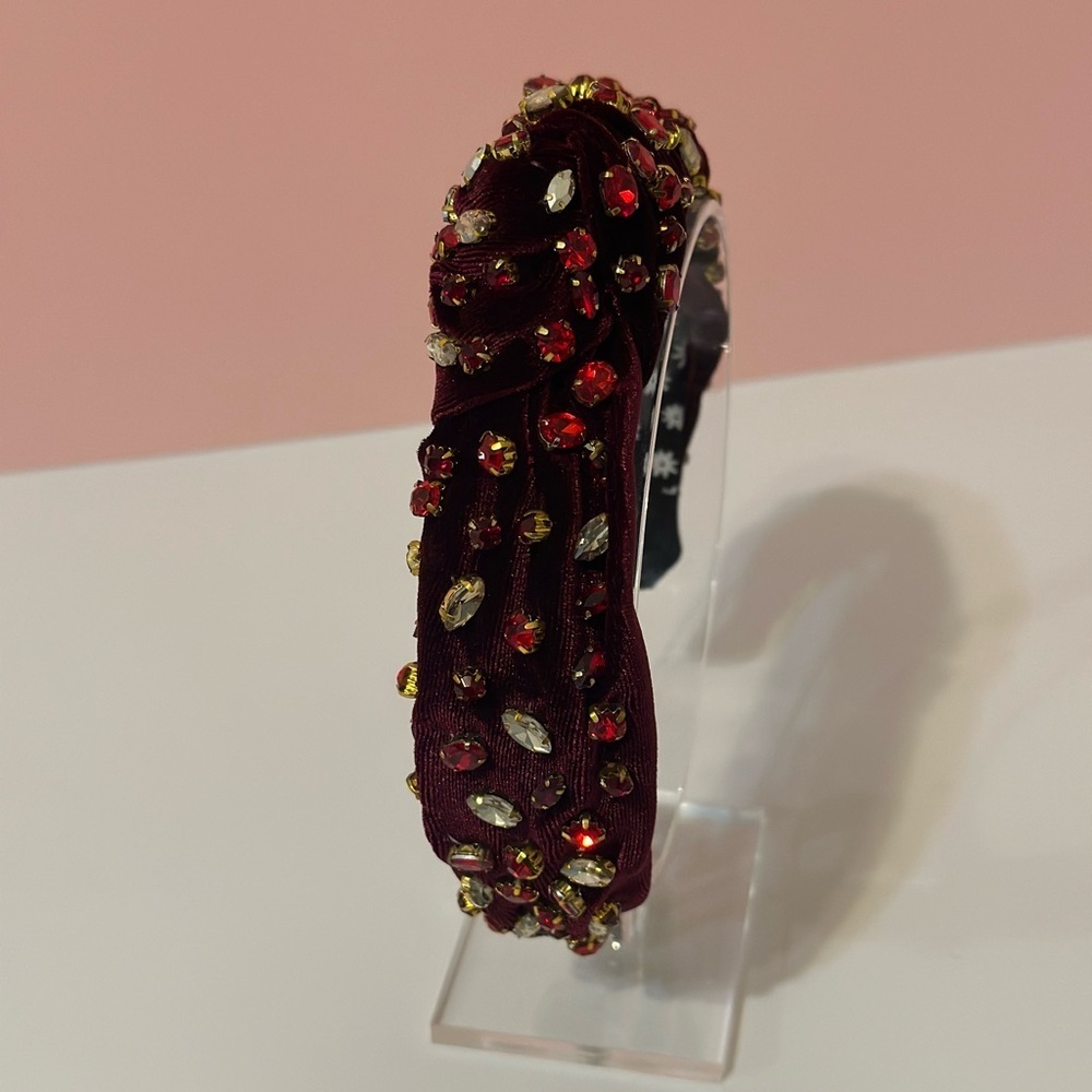 Red Rhinestone Burgundy Velvet Knot Headband - Picture 3 of 10